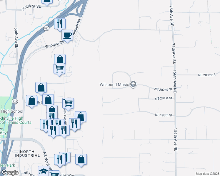 map of restaurants, bars, coffee shops, grocery stores, and more near 14315 149th Place Northeast in Woodinville