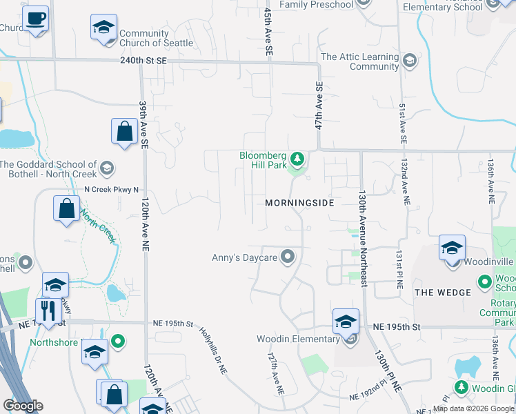 map of restaurants, bars, coffee shops, grocery stores, and more near 20201 126th Avenue Northeast in Bothell