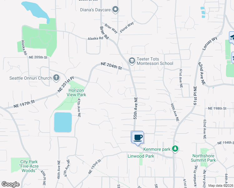 map of restaurants, bars, coffee shops, grocery stores, and more near 5324 Northeast 201st Place in Lake Forest Park