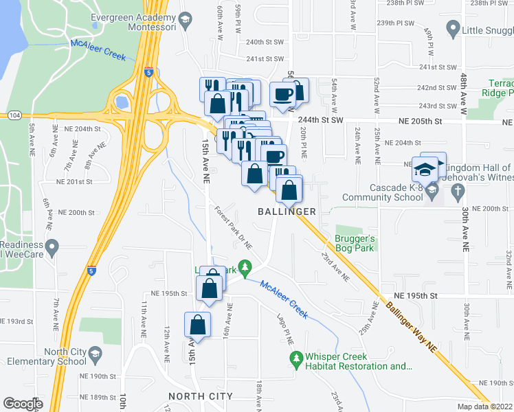 map of restaurants, bars, coffee shops, grocery stores, and more near 19921 19th Avenue Northeast in Shoreline