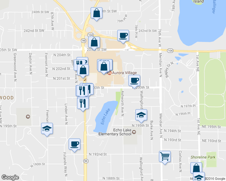 map of restaurants, bars, coffee shops, grocery stores, and more near 20000 Ashworth Avenue North in Shoreline