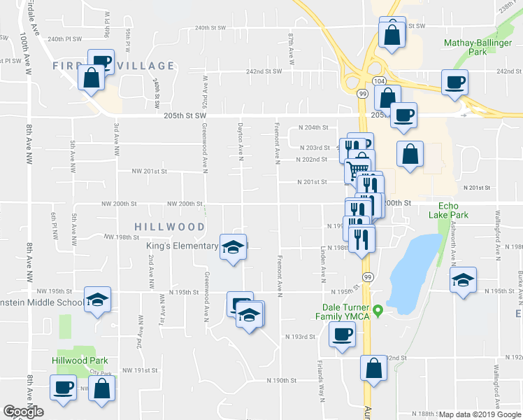 map of restaurants, bars, coffee shops, grocery stores, and more near 19841 Fremont Avenue North in Shoreline