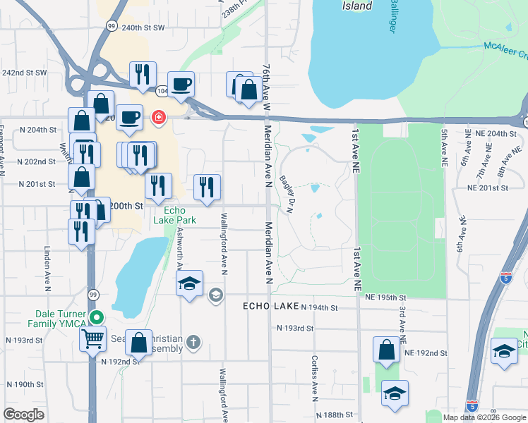 map of restaurants, bars, coffee shops, grocery stores, and more near 1859 North 200th Street in Shoreline