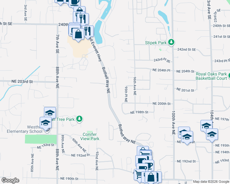 map of restaurants, bars, coffee shops, grocery stores, and more near 20021 94th Avenue Northeast in Bothell