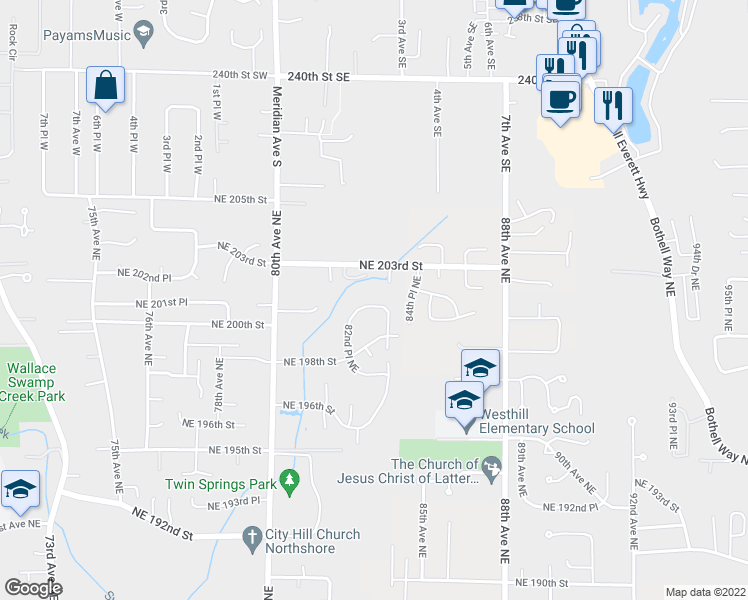 map of restaurants, bars, coffee shops, grocery stores, and more near 19932 83rd Place Northeast in Kenmore