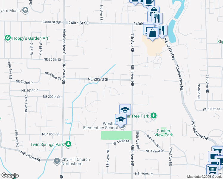 map of restaurants, bars, coffee shops, grocery stores, and more near 8516 Northeast 201st Place in Bothell