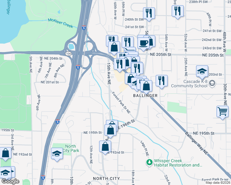 map of restaurants, bars, coffee shops, grocery stores, and more near 19931 Forest Park Drive Northeast in Shoreline