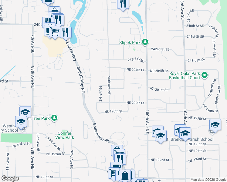 map of restaurants, bars, coffee shops, grocery stores, and more near 20021 96th Avenue Northeast in Bothell