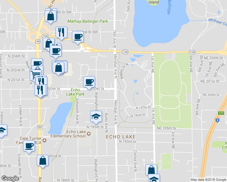 map of restaurants, bars, coffee shops, grocery stores, and more near 1859 North 200th Street in Shoreline