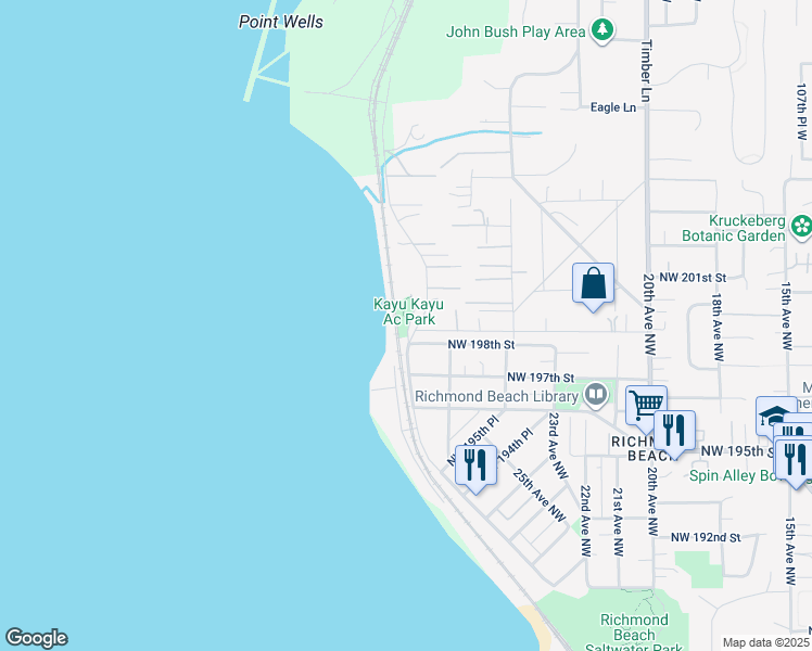 map of restaurants, bars, coffee shops, grocery stores, and more near 19911 Richmond Beach Drive Northwest in Shoreline