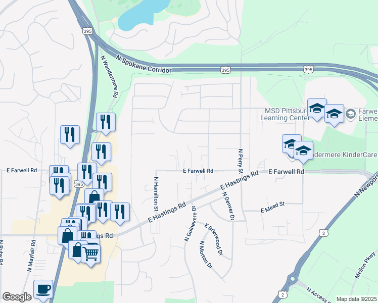 map of restaurants, bars, coffee shops, grocery stores, and more near 1007 East Farwell Road in Spokane
