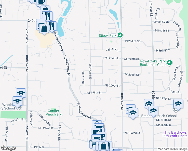 map of restaurants, bars, coffee shops, grocery stores, and more near 20021 96th Avenue Northeast in Bothell