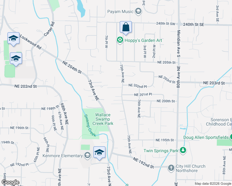 map of restaurants, bars, coffee shops, grocery stores, and more near 20007 75th Avenue Northeast in Kenmore