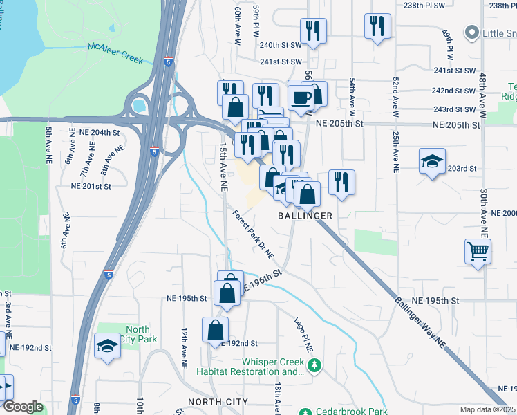 map of restaurants, bars, coffee shops, grocery stores, and more near 1619 Northeast 199th Place in Shoreline