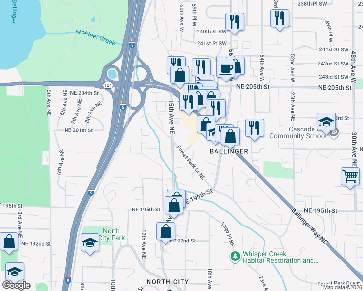 map of restaurants, bars, coffee shops, grocery stores, and more near 19931 Forest Park Drive Northeast in Shoreline
