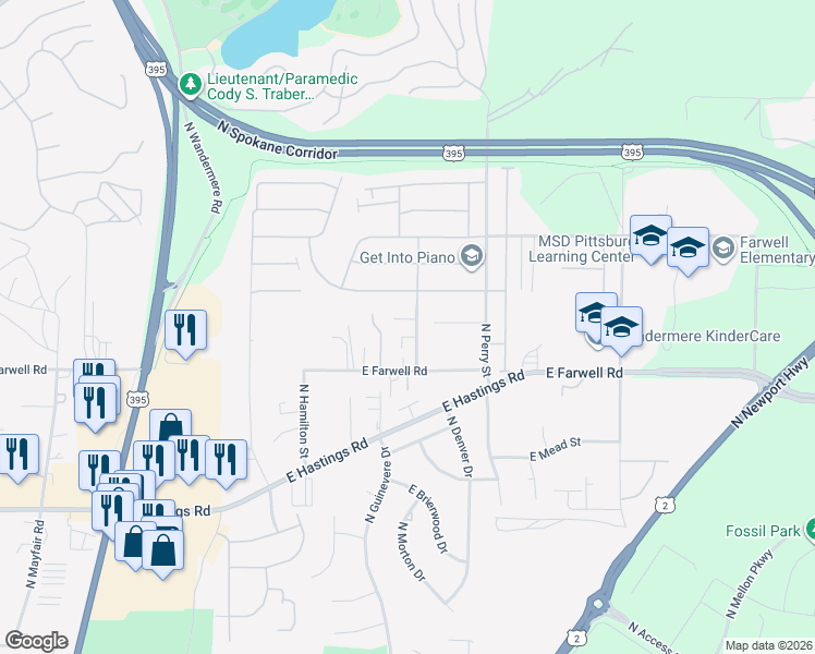 map of restaurants, bars, coffee shops, grocery stores, and more near 1125 East Farwell Road in Spokane