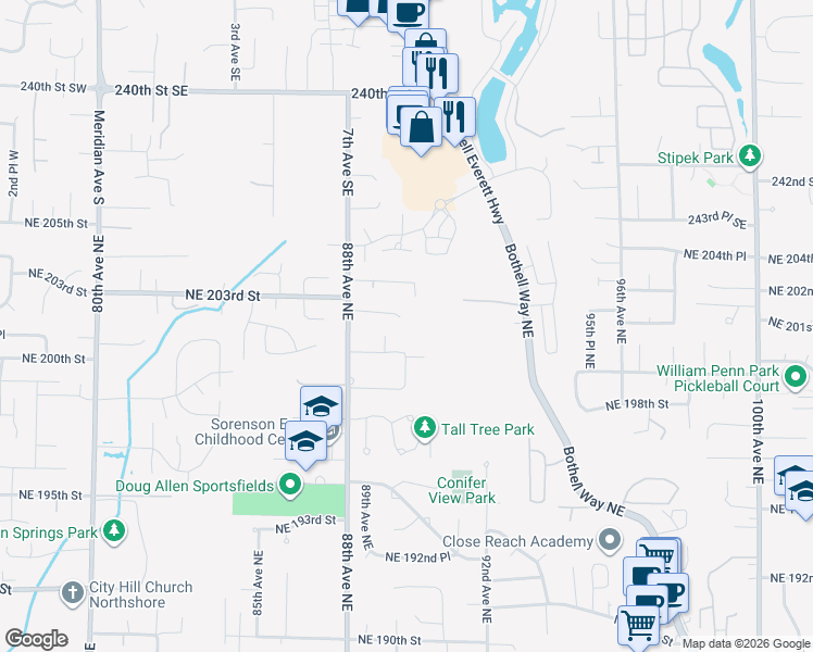 map of restaurants, bars, coffee shops, grocery stores, and more near 8908 Northeast 200th Street in Bothell
