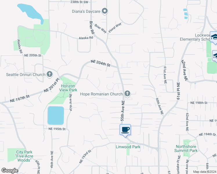 map of restaurants, bars, coffee shops, grocery stores, and more near 5418 Northeast 200th Place in Lake Forest Park