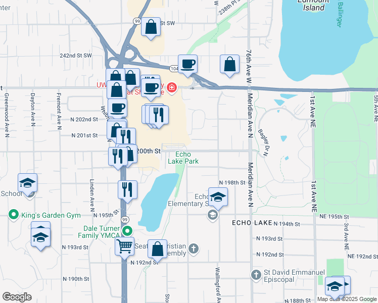 map of restaurants, bars, coffee shops, grocery stores, and more near 1521 North 200th Street in Shoreline