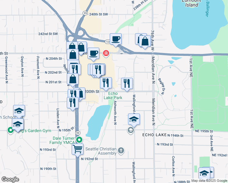 map of restaurants, bars, coffee shops, grocery stores, and more near 1521 North 200th Street in Shoreline