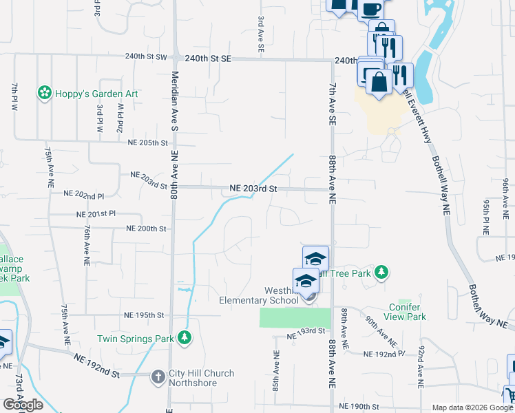 map of restaurants, bars, coffee shops, grocery stores, and more near 20117 84th Place Northeast in Bothell