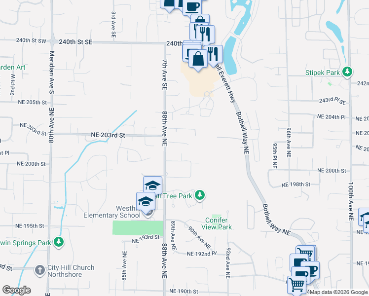 map of restaurants, bars, coffee shops, grocery stores, and more near 8837 Northeast 202nd Place in Bothell