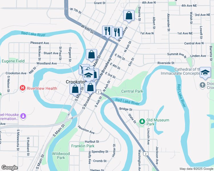 map of restaurants, bars, coffee shops, grocery stores, and more near in Crookston