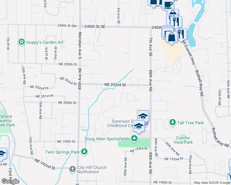 map of restaurants, bars, coffee shops, grocery stores, and more near 20117 84th Place Northeast in Bothell