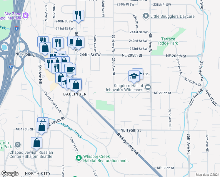 map of restaurants, bars, coffee shops, grocery stores, and more near 19857 25th Avenue Northeast in Shoreline