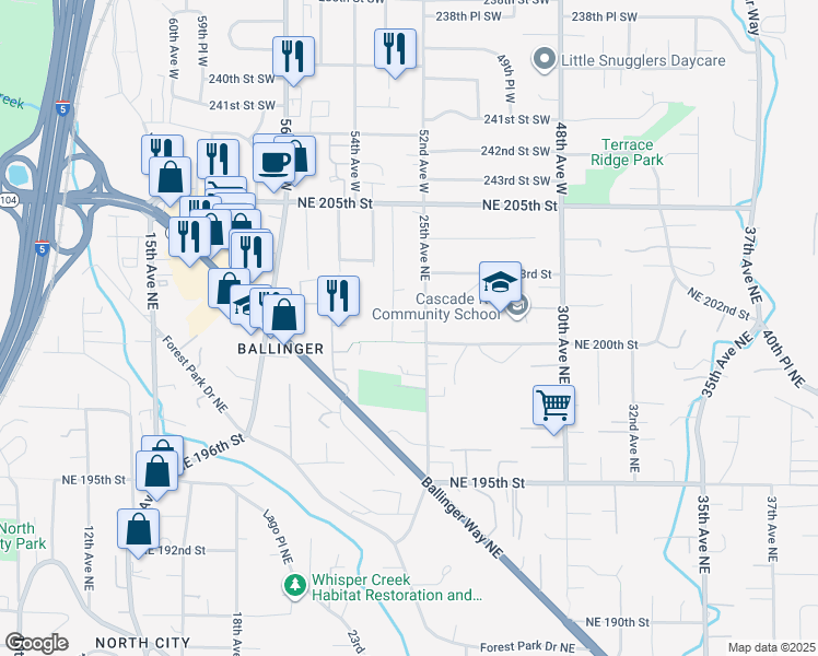 map of restaurants, bars, coffee shops, grocery stores, and more near 19857 25th Avenue Northeast in Shoreline