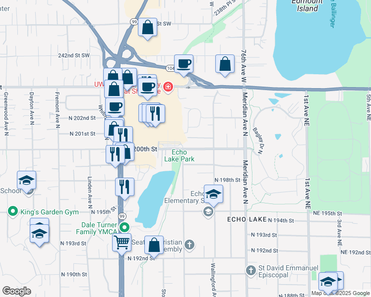 map of restaurants, bars, coffee shops, grocery stores, and more near 1610 North 199th Street in Shoreline