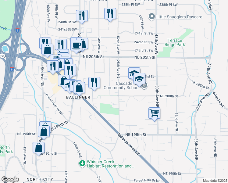 map of restaurants, bars, coffee shops, grocery stores, and more near 19857 25th Avenue Northeast in Shoreline