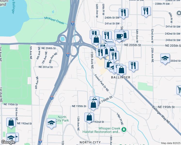 map of restaurants, bars, coffee shops, grocery stores, and more near 1234 Northeast Ballinger Place in Shoreline