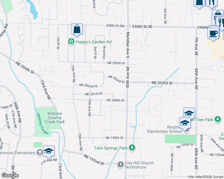 map of restaurants, bars, coffee shops, grocery stores, and more near 7805 Northeast 203rd Street in Kenmore