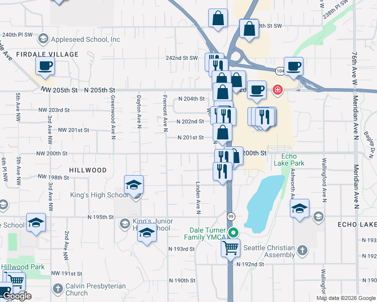 map of restaurants, bars, coffee shops, grocery stores, and more near 751 North 201st Street in Shoreline