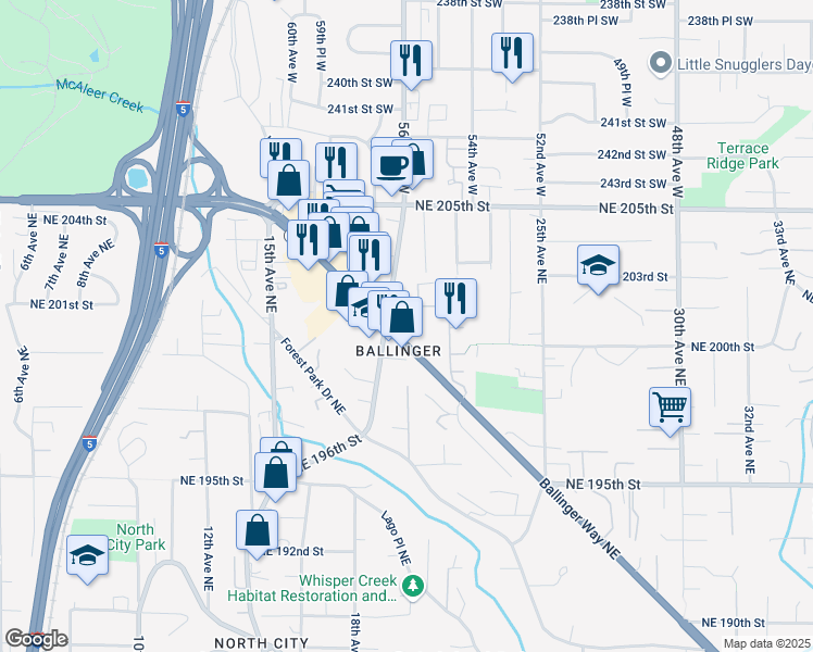 map of restaurants, bars, coffee shops, grocery stores, and more near 20016 19th Avenue Northeast in Shoreline