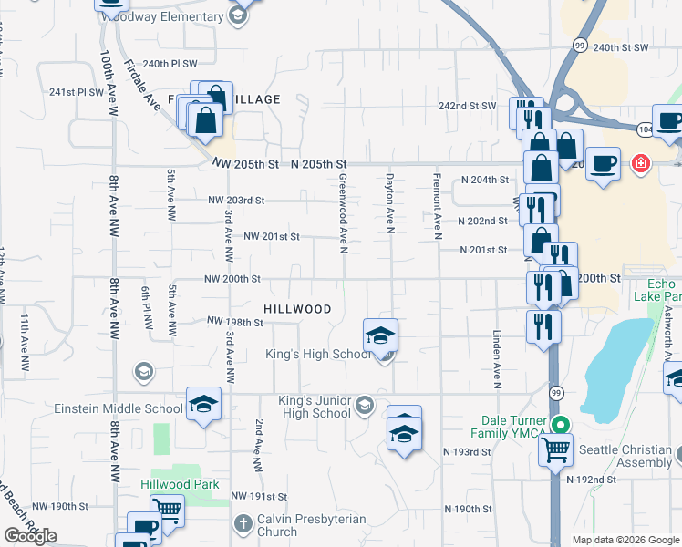map of restaurants, bars, coffee shops, grocery stores, and more near 236 North 200th Street in Shoreline