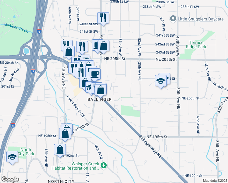 map of restaurants, bars, coffee shops, grocery stores, and more near 2200 Northeast 201st Place in Shoreline
