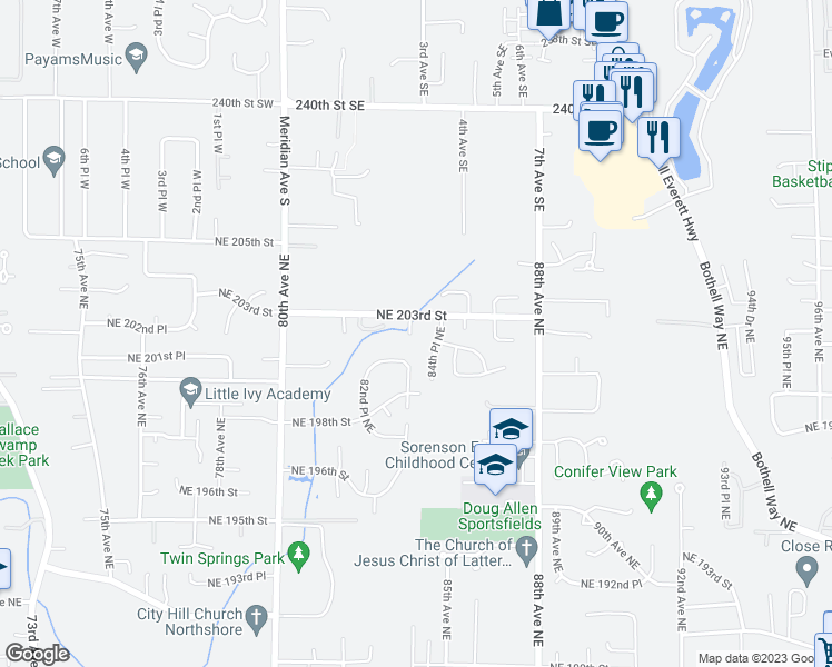 map of restaurants, bars, coffee shops, grocery stores, and more near 20212 83rd Place Northeast in Kenmore