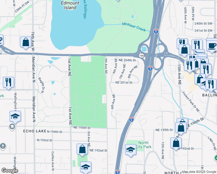 map of restaurants, bars, coffee shops, grocery stores, and more near 602 Northeast 201st Street in Shoreline