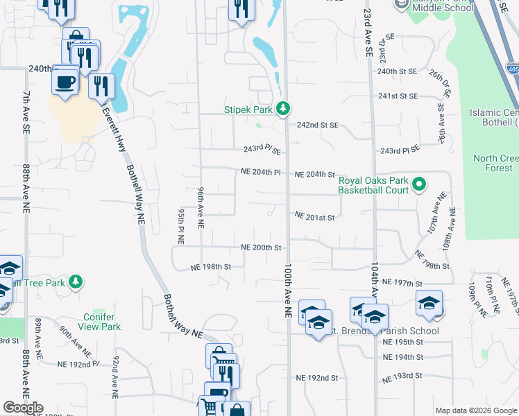 map of restaurants, bars, coffee shops, grocery stores, and more near 9809 Northeast 202nd Street in Bothell
