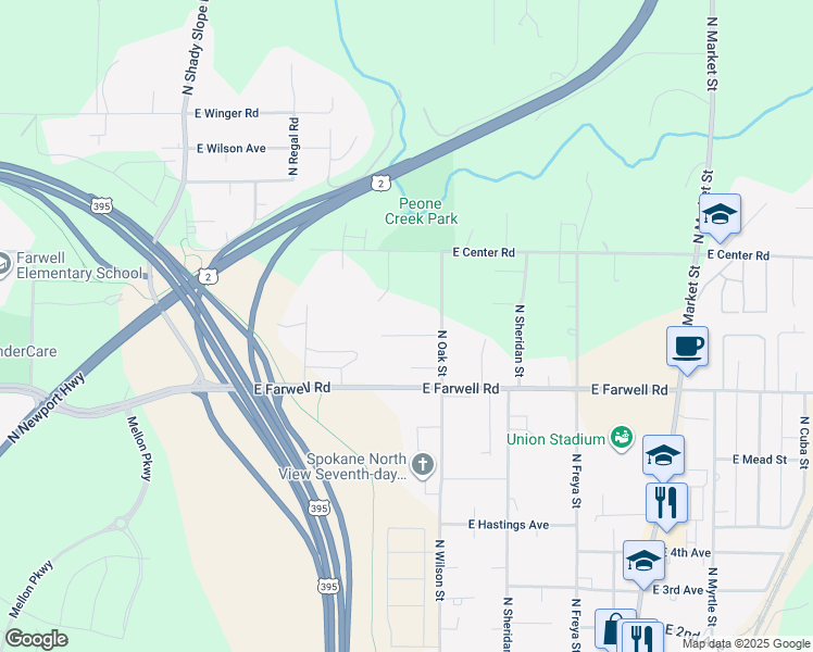 map of restaurants, bars, coffee shops, grocery stores, and more near 3116 East Center Road in Mead