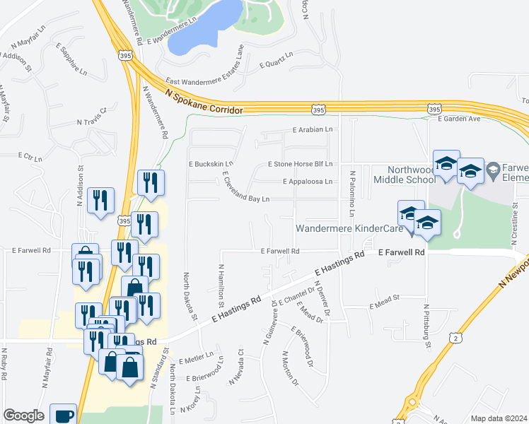 map of restaurants, bars, coffee shops, grocery stores, and more near 1009 East Cleveland Bay Lane in Spokane