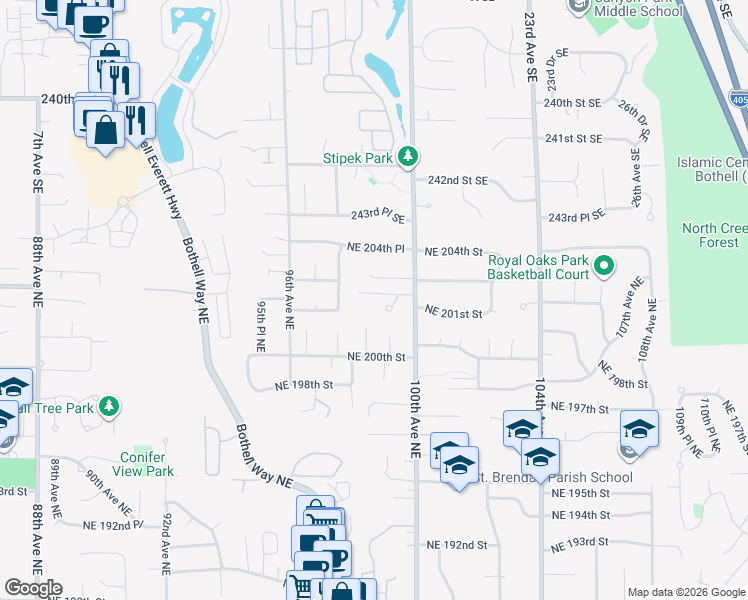 map of restaurants, bars, coffee shops, grocery stores, and more near 9809 Northeast 202nd Street in Bothell