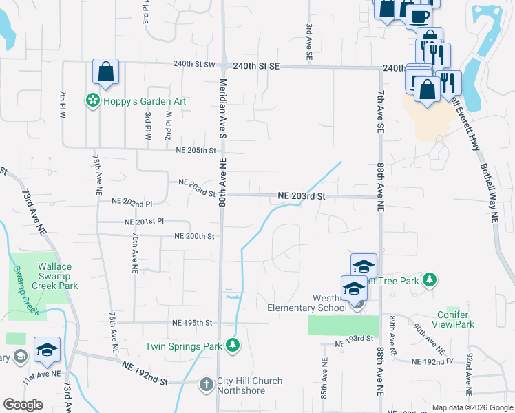 map of restaurants, bars, coffee shops, grocery stores, and more near 8223 Northeast 203rd Street in Kenmore
