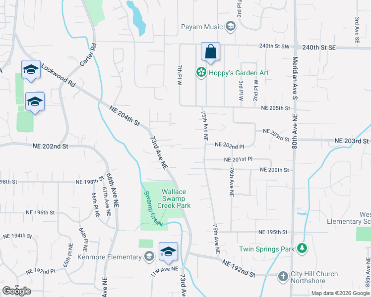 map of restaurants, bars, coffee shops, grocery stores, and more near 7406 Northeast 202nd Place in Kenmore