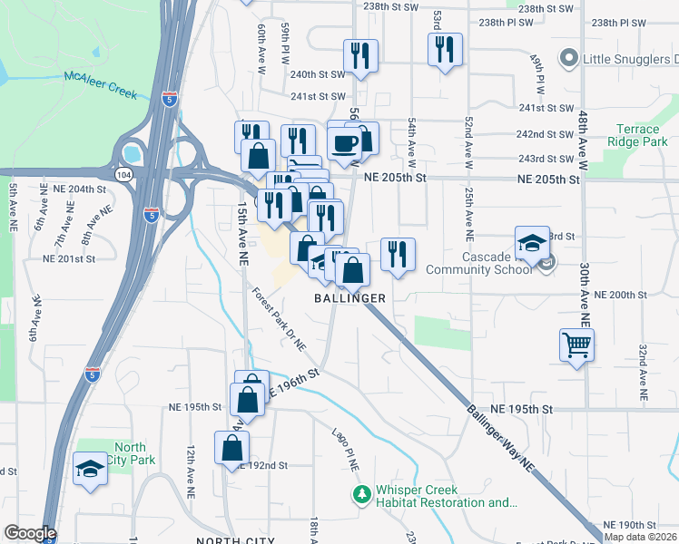 map of restaurants, bars, coffee shops, grocery stores, and more near 20016 19th Avenue Northeast in Shoreline