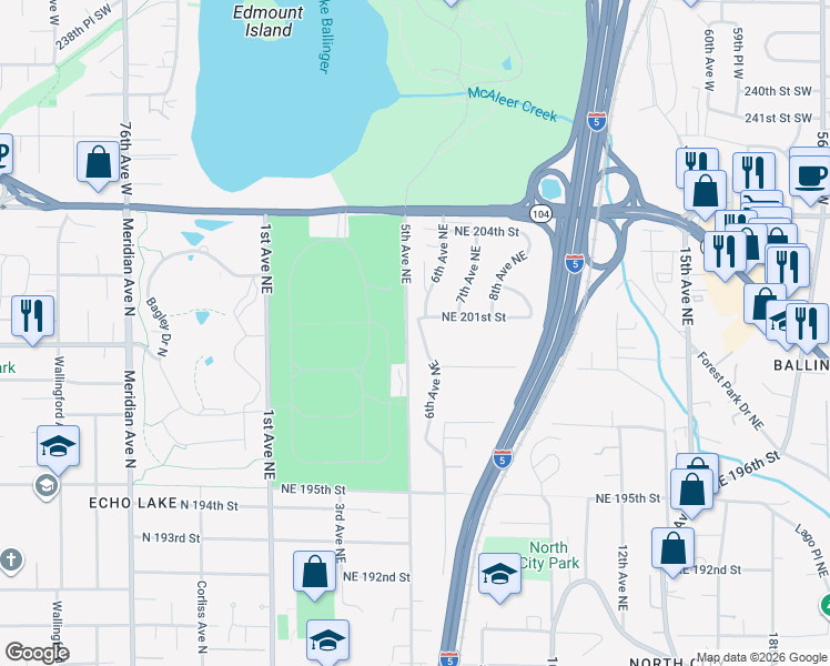 map of restaurants, bars, coffee shops, grocery stores, and more near 602 Northeast 201st Street in Shoreline