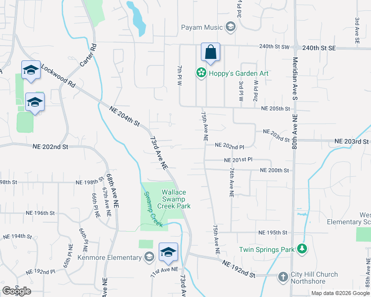 map of restaurants, bars, coffee shops, grocery stores, and more near 7406 Northeast 202nd Place in Kenmore
