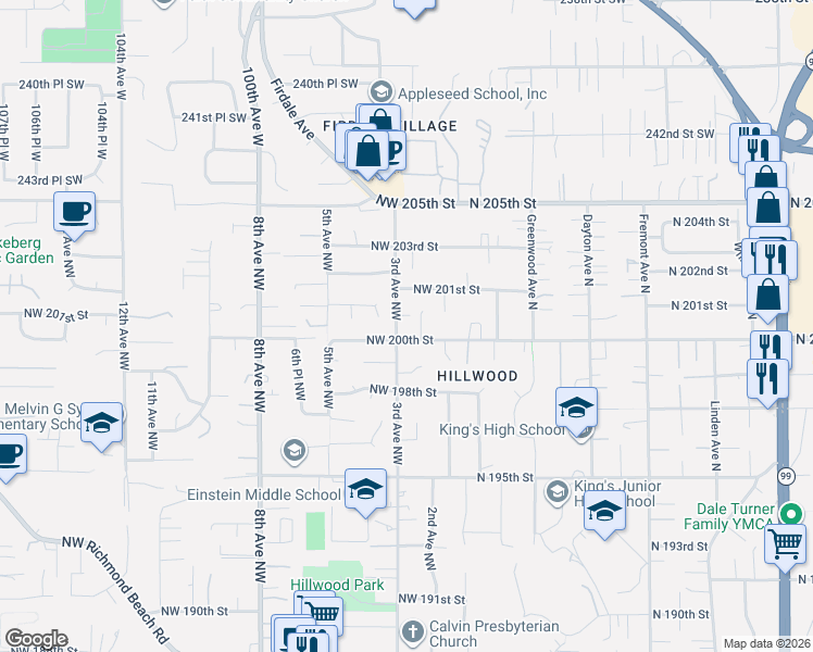 map of restaurants, bars, coffee shops, grocery stores, and more near 20010 3rd Avenue Northwest in Shoreline